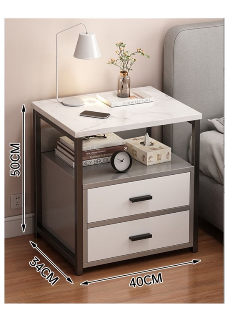 خزانة تخزين بجانب السرير، طاولة جانبية حديثة مع درجتين للتخزين، بسيطة وصغيرة لتوفير المساحة لغرفة النوم أو المكتب أو صالة المعيشة باللون الأبيض - Image 2